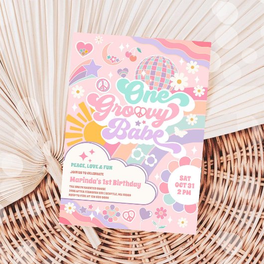 Invitation One Groovy Babe Disco Rainbow Sun 1st Birthday