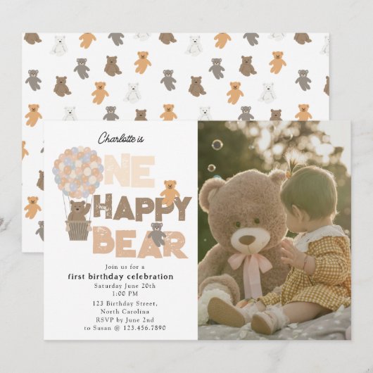 Invitation One Happy Bear Invite 1st First Birthday Photo (Devant / Derrière)