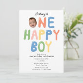 Invitation One Happy Boy Birthday Invite 1st Birthday Photo (Debout devant)