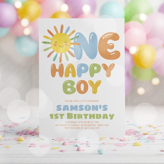 Invitation One Happy Boy Sun 1st Birthday Blue