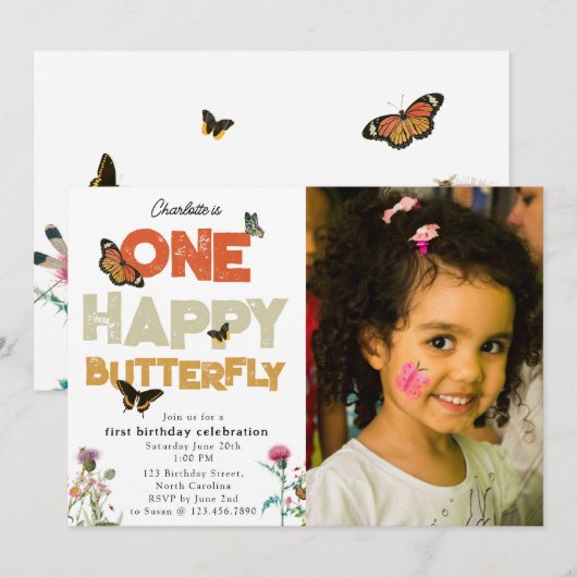 Invitation One Happy Butterfly 1st Wildflower Birthday Photo (Devant / Derrière)