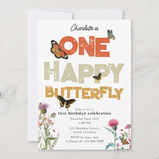 Invitation One Happy Butterfly Invite 1st Wildflower Birthday (Devant)