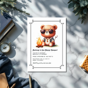 Invitation "One Happy Camper" Bear 1er Birthday Boy Camping
