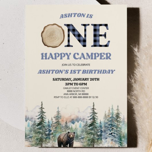 Invitation ONE Happy Camper Bear Bleu 1er anniversaire fête