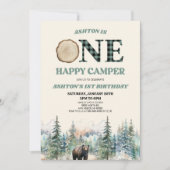 Invitation ONE Happy Camper Bear Green 1er anniversaire fête (Devant)