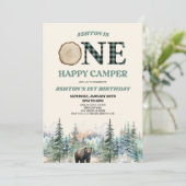 Invitation ONE Happy Camper Bear Green 1er anniversaire fête (Debout devant)