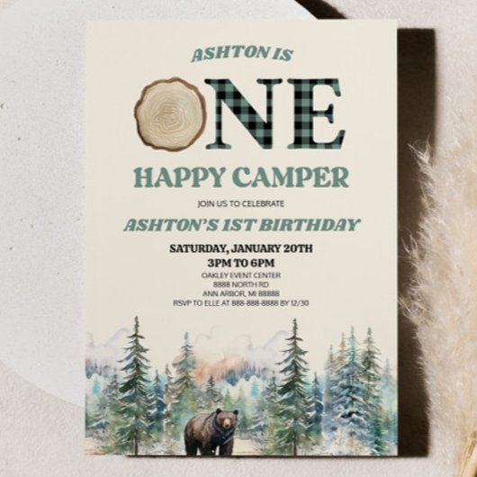 Invitation ONE Happy Camper Bear Green 1er anniversaire fête