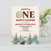 Invitation ONE Happy Camper Bear Rouge 1er anniversaire fête (Debout devant)