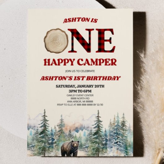 Invitation ONE Happy Camper Bear Rouge 1er anniversaire fête