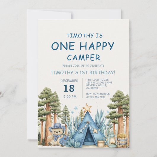 Invitation One Happy Camper Camping 1st Birthday  (Devant)