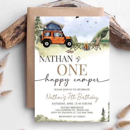 Invitation One Happy Camper Camping Boy Birthday
