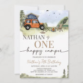 Invitation One Happy Camper Camping Boy Birthday (Devant)