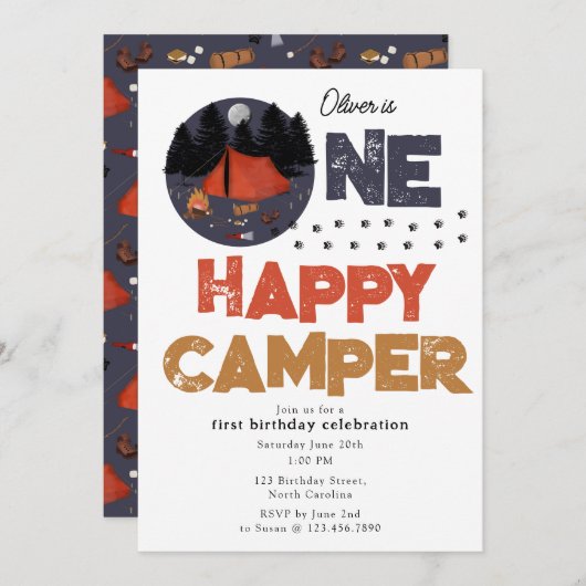 Invitation One Happy Camper Invite 1st Summer Birthday (Devant / Derrière)