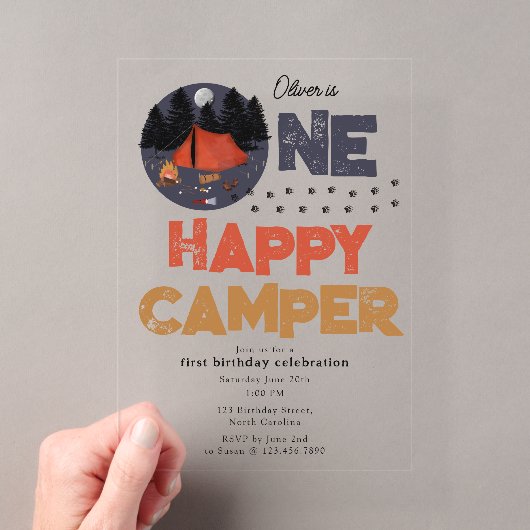 Invitation One Happy Camper pour le 1er anniversai (In situ (ordinateur de poche))