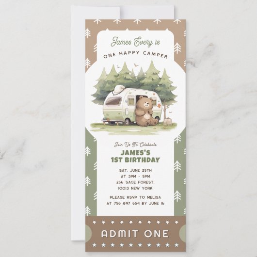 Invitation One Happy Camper Ticket Admit One (Devant)
