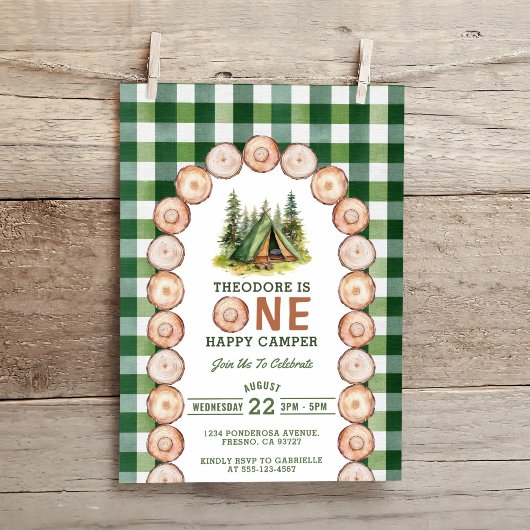 Invitation One Happy Camper Wood Slice Arch Green Plaid