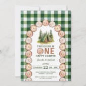 Invitation One Happy Camper Wood Slice Arch Green Plaid (Devant)