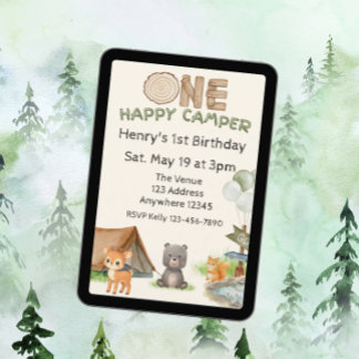 Invitation One Happy Camper Wood Watercolor Animal Birthday