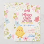 Invitation One Happy Chick, Floral 1st Birthday (Devant / Derrière)