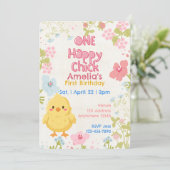 Invitation One Happy Chick, Floral 1st Birthday (Debout devant)