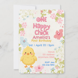 Invitation One Happy Chick, Floral 1st Birthday