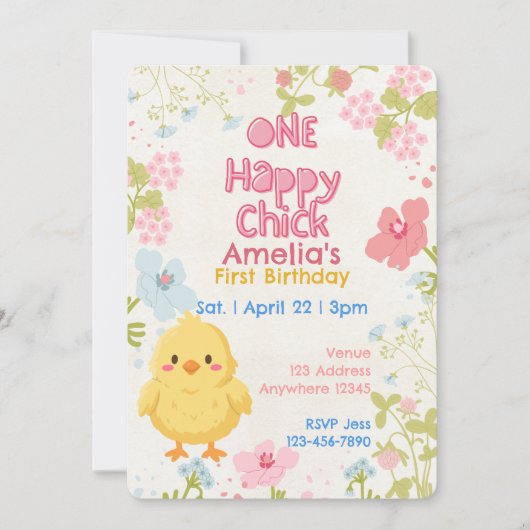 Invitation One Happy Chick, Floral 1st Birthday (Devant)