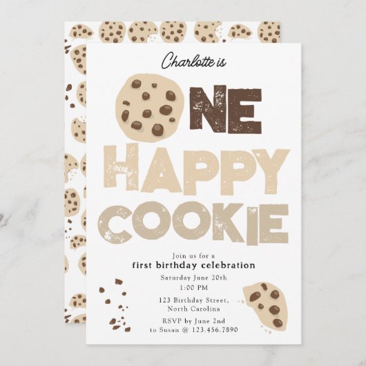 Invitation One Happy Cookie Invite 1st  First Birthday Cute (Devant / Derrière)