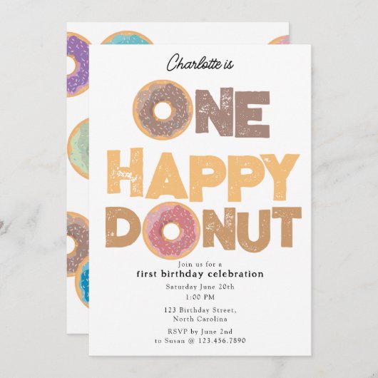Invitation One Happy Donut Invite 1st  First Birthday Cute (Devant / Derrière)