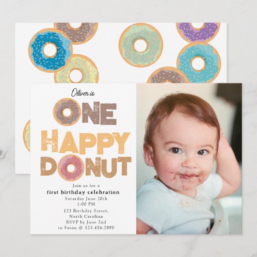 Invitation One Happy Donut Invite 1st  First Birthday Photo (Devant / Derrière)