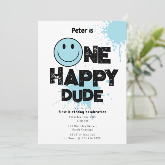 Invitation One Happy Dude Invite 1st First Birthday Boy Blue (Debout devant)