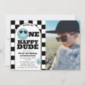 Invitation One Happy Dude Invite 1st First Birthday Boy Photo (Devant)