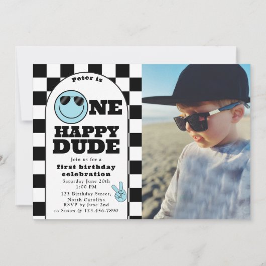 Invitation One Happy Dude Invite 1st First Birthday Boy Photo (Devant)