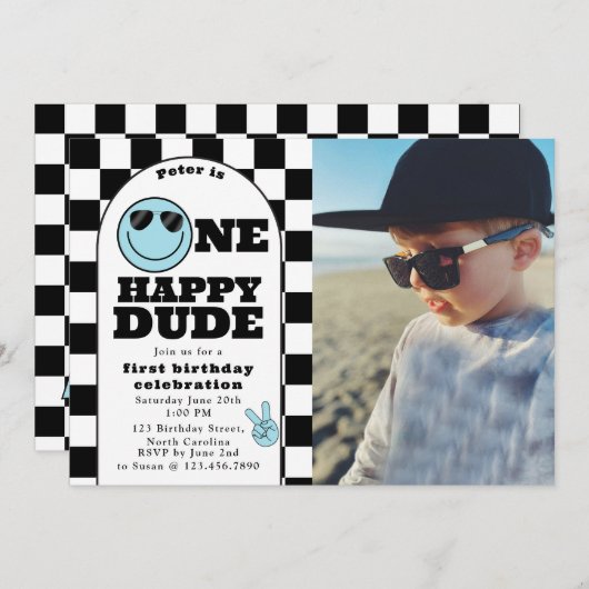 Invitation One Happy Dude Invite 1st First Birthday Boy Photo (Devant / Derrière)