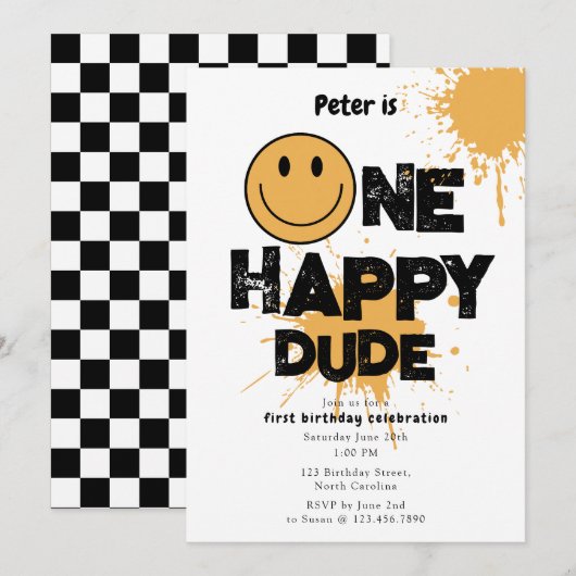 Invitation One Happy Dude Invite 1st First Birthday Cute Boy (Devant / Derrière)