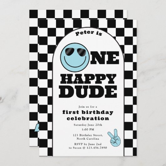 Invitation One Happy Dude Invite 1st First Birthday Cute Boy (Devant / Derrière)