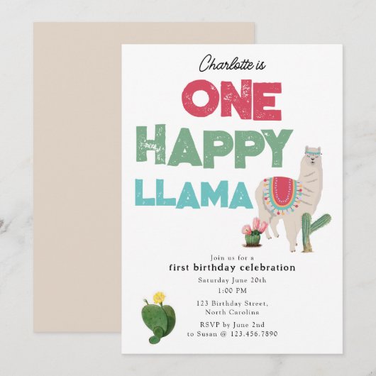 Invitation One Happy Llama Invite 1st Girl Birthday (Devant / Derrière)