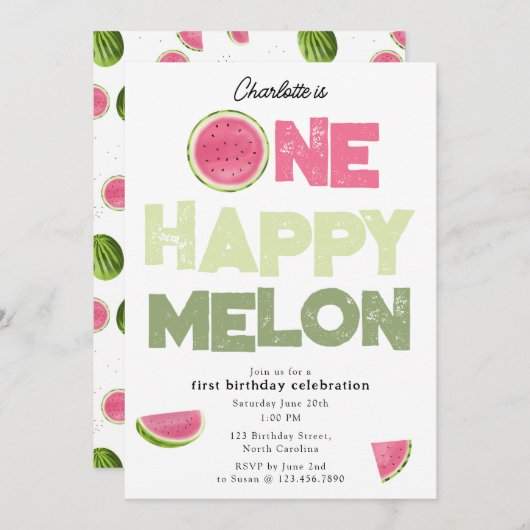 Invitation One Happy Melon Invite 1st Summer Birthday (Devant / Derrière)