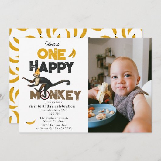 Invitation One Happy Monkey Cute 1st First Birthday Photo (Devant / Derrière)