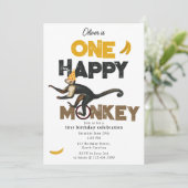 Invitation One Happy Monkey Cute Invite 1st First Birthday (Debout devant)