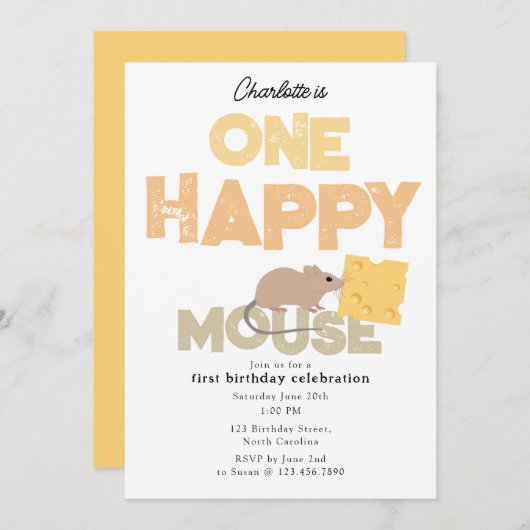 Invitation One Happy Mouse Invite 1st Cute Birthday (Devant / Derrière)