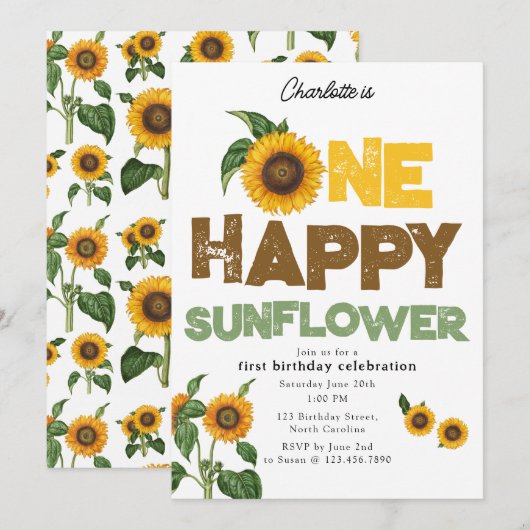 Invitation One Happy Sunflower Invite 1st Summer Birthday (Devant / Derrière)