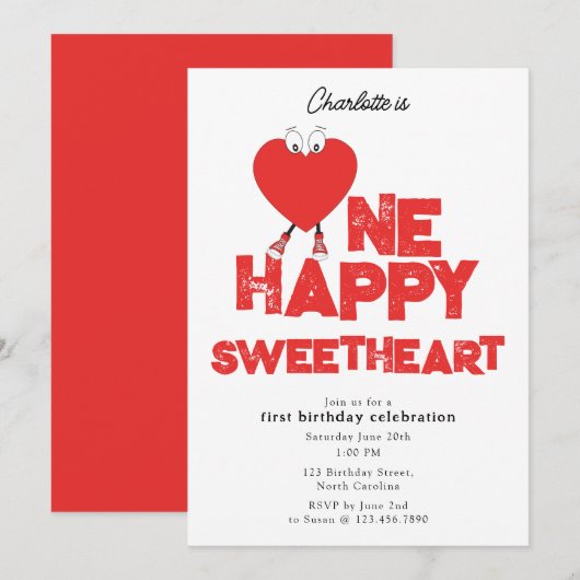 Invitation One Happy Sweetheart Invite 1st Girl Birthday (Devant / Derrière)
