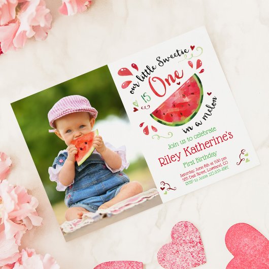 Invitation One in a Melon 1st Birthday Photo Red Watermelon