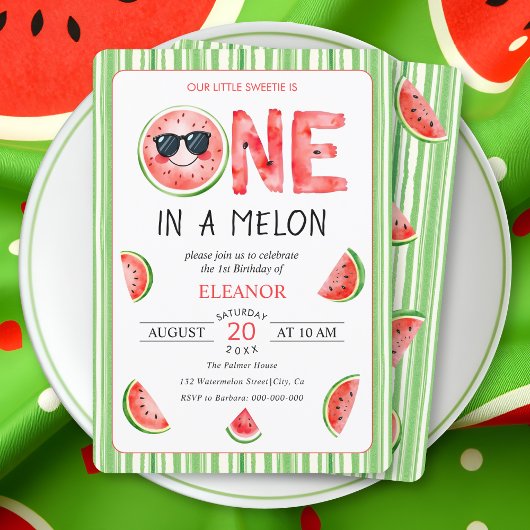 Invitation One in a melon 1st birthday watermelon party