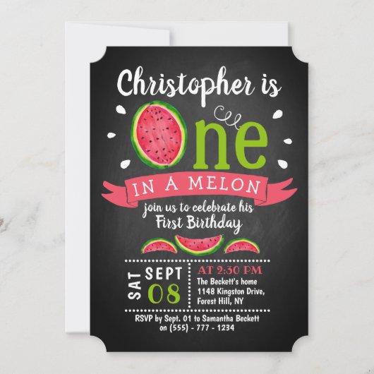 Invitation One In A Melon Chalkboard 1er anniversaire (Devant)