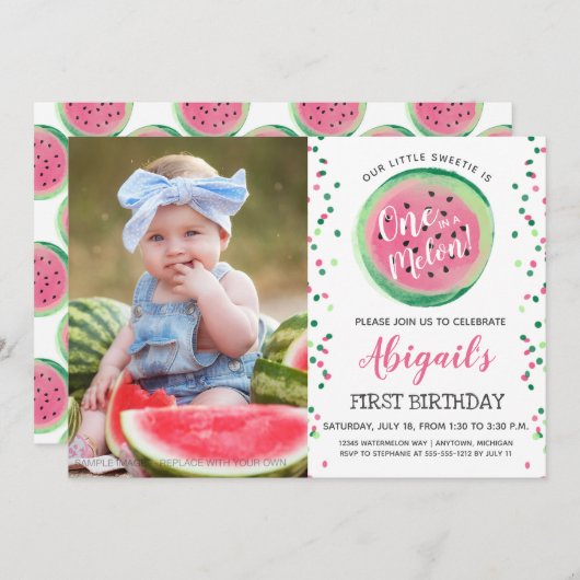 Invitation One in a Melon Confetti Photo 1er anniversaire Par (Devant / Derrière)