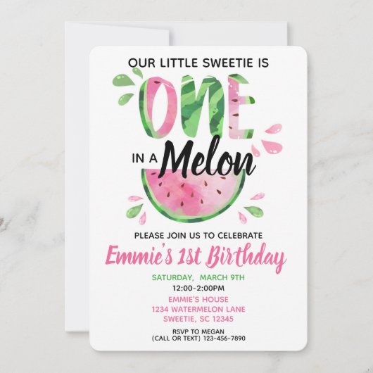 Invitation One in a Melon Little Girl First Birthday Invitati (Devant)
