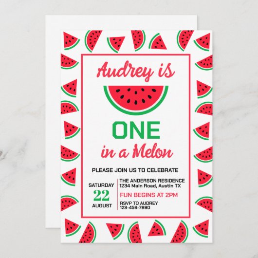 Invitation One In a Melon Watermelon Anniversaire (Devant / Derrière)