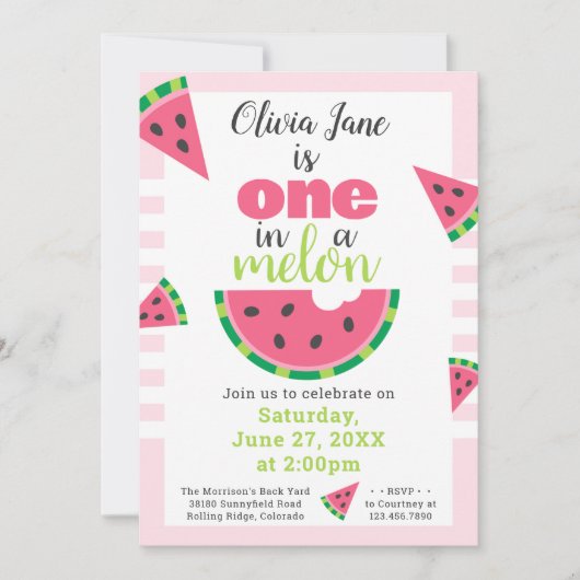 Invitation One in a Melon Watermelon Baby Girl 1er anniversai (Devant)