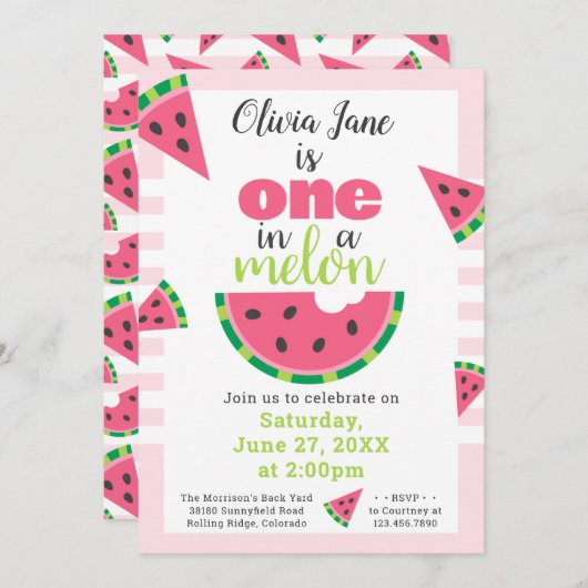 Invitation One in a Melon Watermelon Baby Girl 1er anniversai (Devant / Derrière)